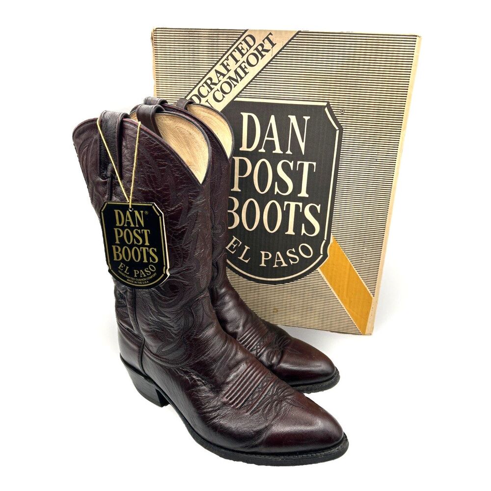 VTG Dan Post Leather Cowboy Boots 16773 Men's Sz 11.5D Black Cherry Burgundy USA
